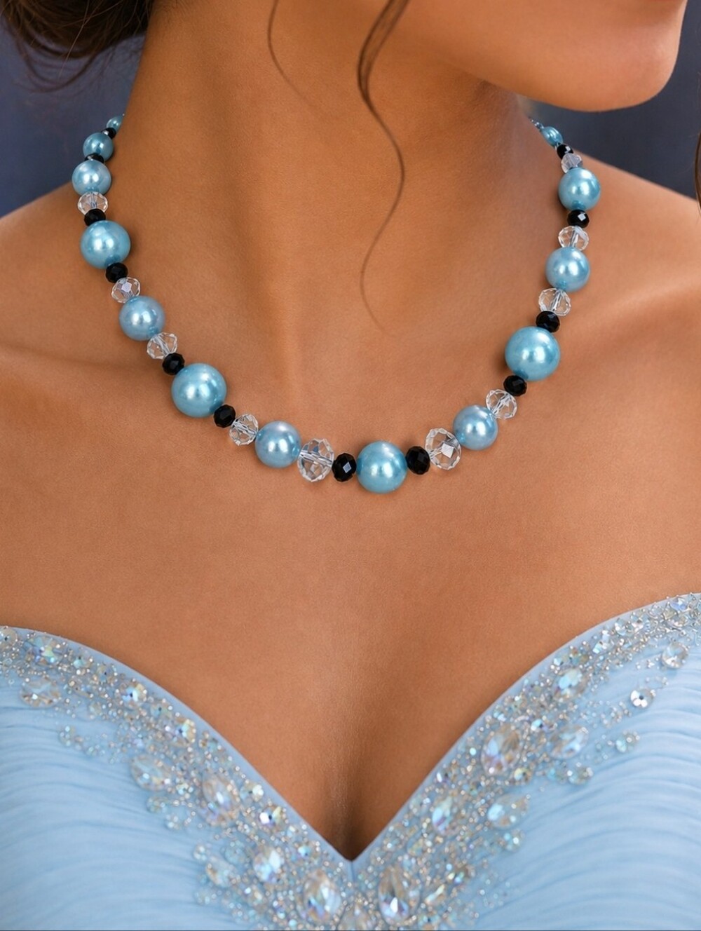 Light Blue Faux Pearl Black Clear Faceted Aurora Borealis Necklace Prom Preloved